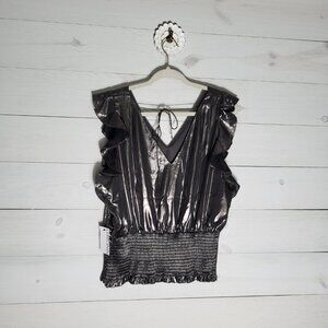 NWT Nine West metallic black top ruffle sleeve smocked waist. Glam, whimsigoth.
